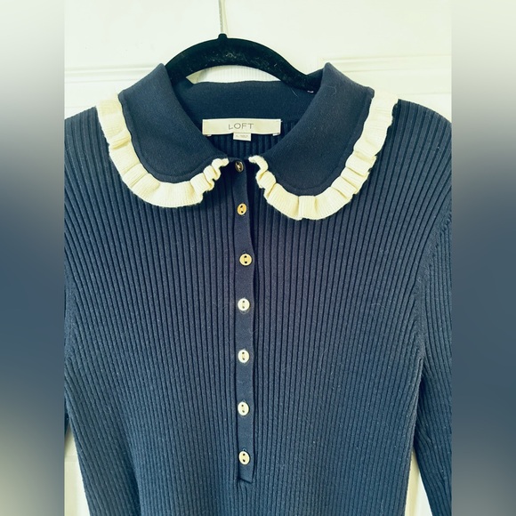 LOFT Elegant Navy 3/4 Button Down Sweater with White Accents Large - Picture 2 of 4